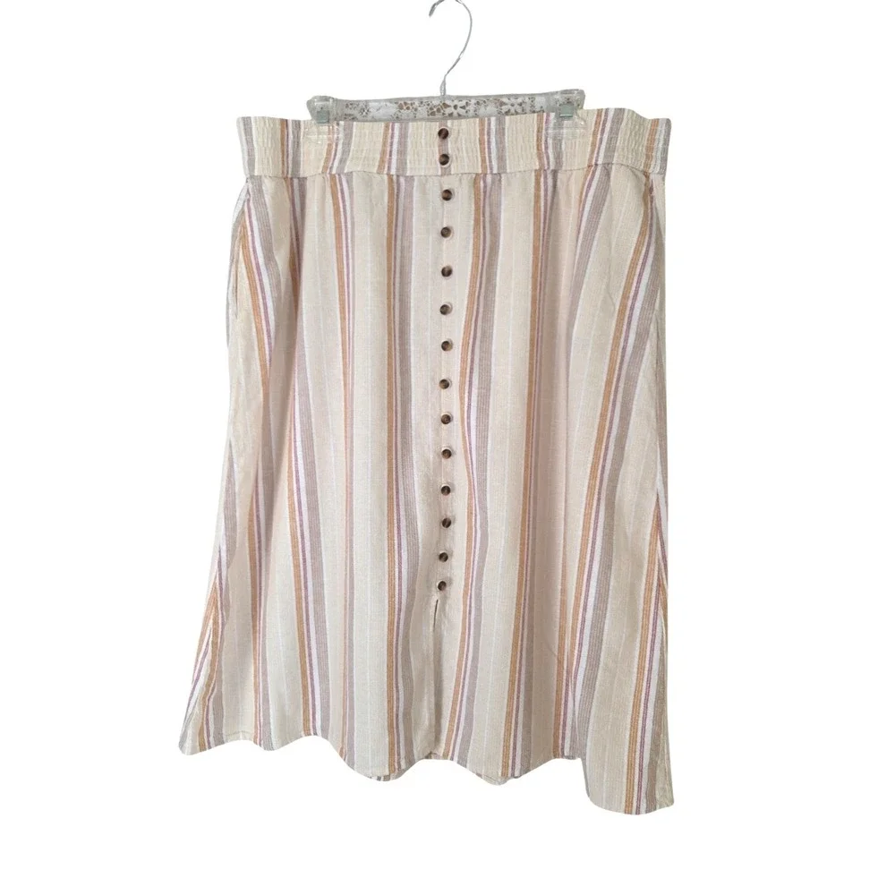 Sonoma Midi Skirt XXL Beige Striped Linen Blend Elastic‎ Pockets Casual Comfort